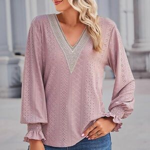 Bulotus V Neck Lace Hollow Mesh Tunic Long Sleeve Loose Fit Size 2XL Casual Boho